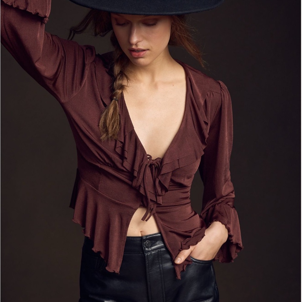 Anthropologie Deep Brown Ruffle Blouse